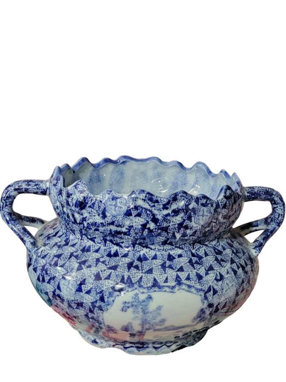 Vtg Blue White Porcelain Cache Pot Bowl Double Handles Floral Landscape Pattern